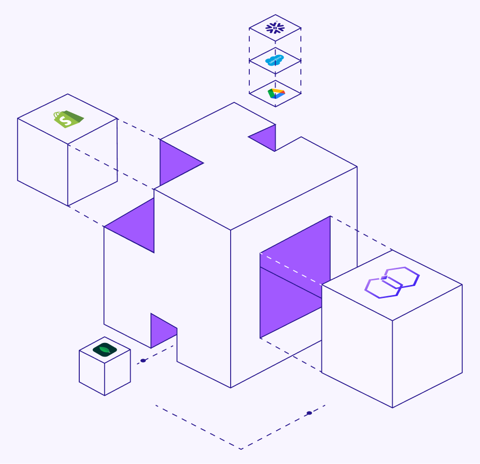 Isometric illustration of data connectors and integration pipelines