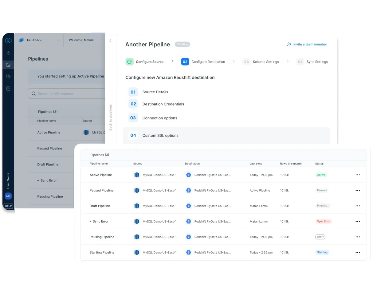 Integrate.io pipelines with live sync status across sources and destinations