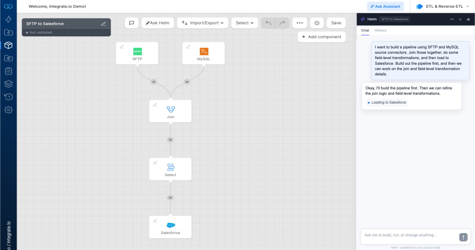 Integrate.io Package Designer with Helm building an SFTP and MySQL pipeline to Salesforce