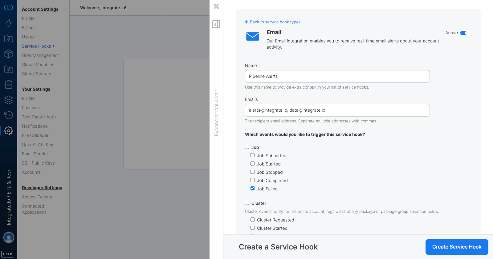 Integrate.io email service hook settings for pipeline alerts and failed job notifications