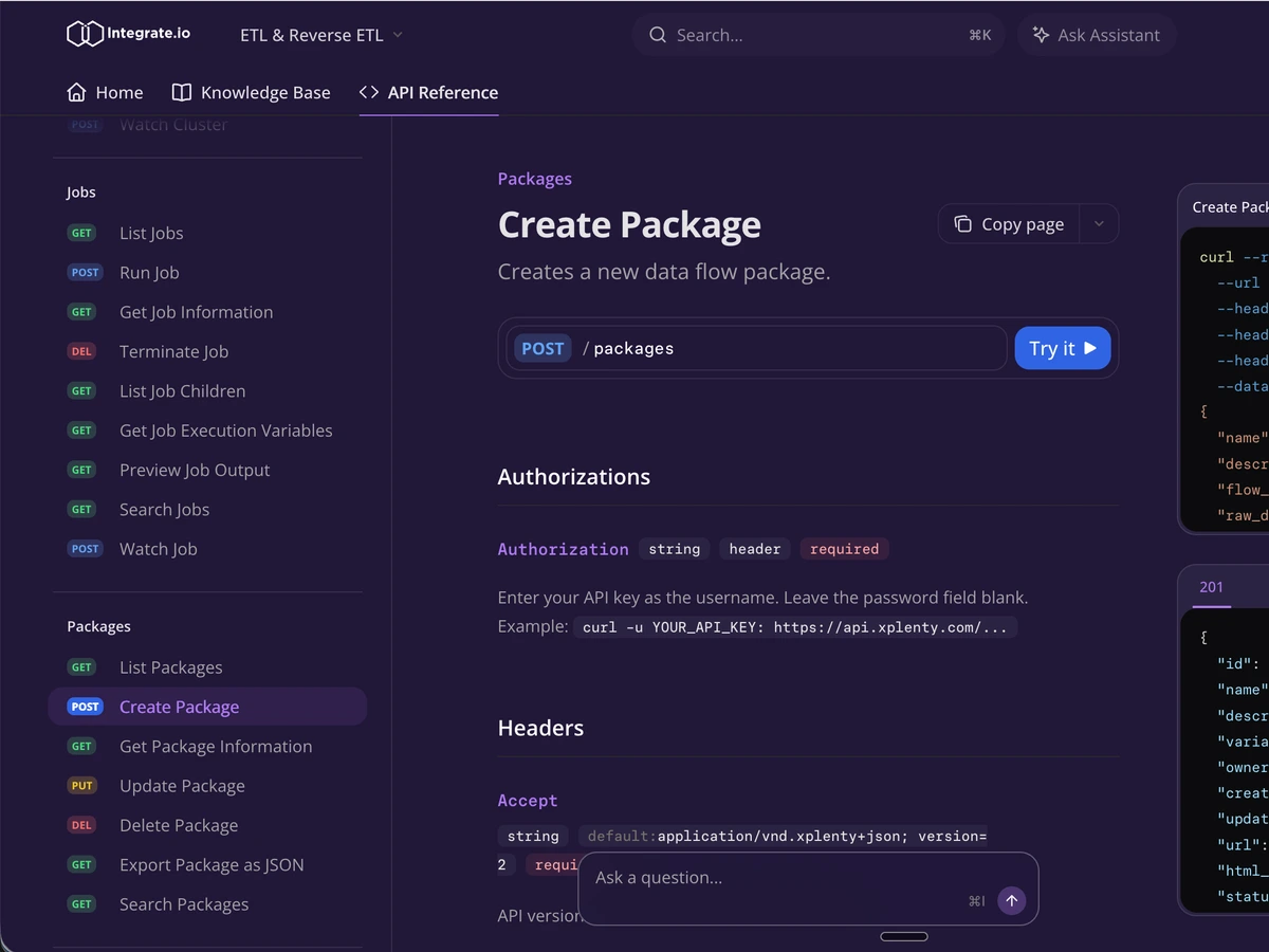 Integrate.io API reference documentation for creating a package through the Packages API