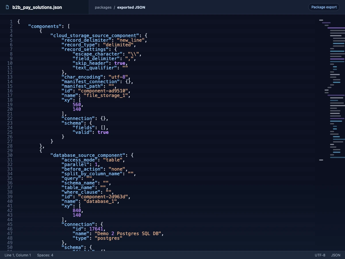 Code editor showing an Integrate.io package export as JSON