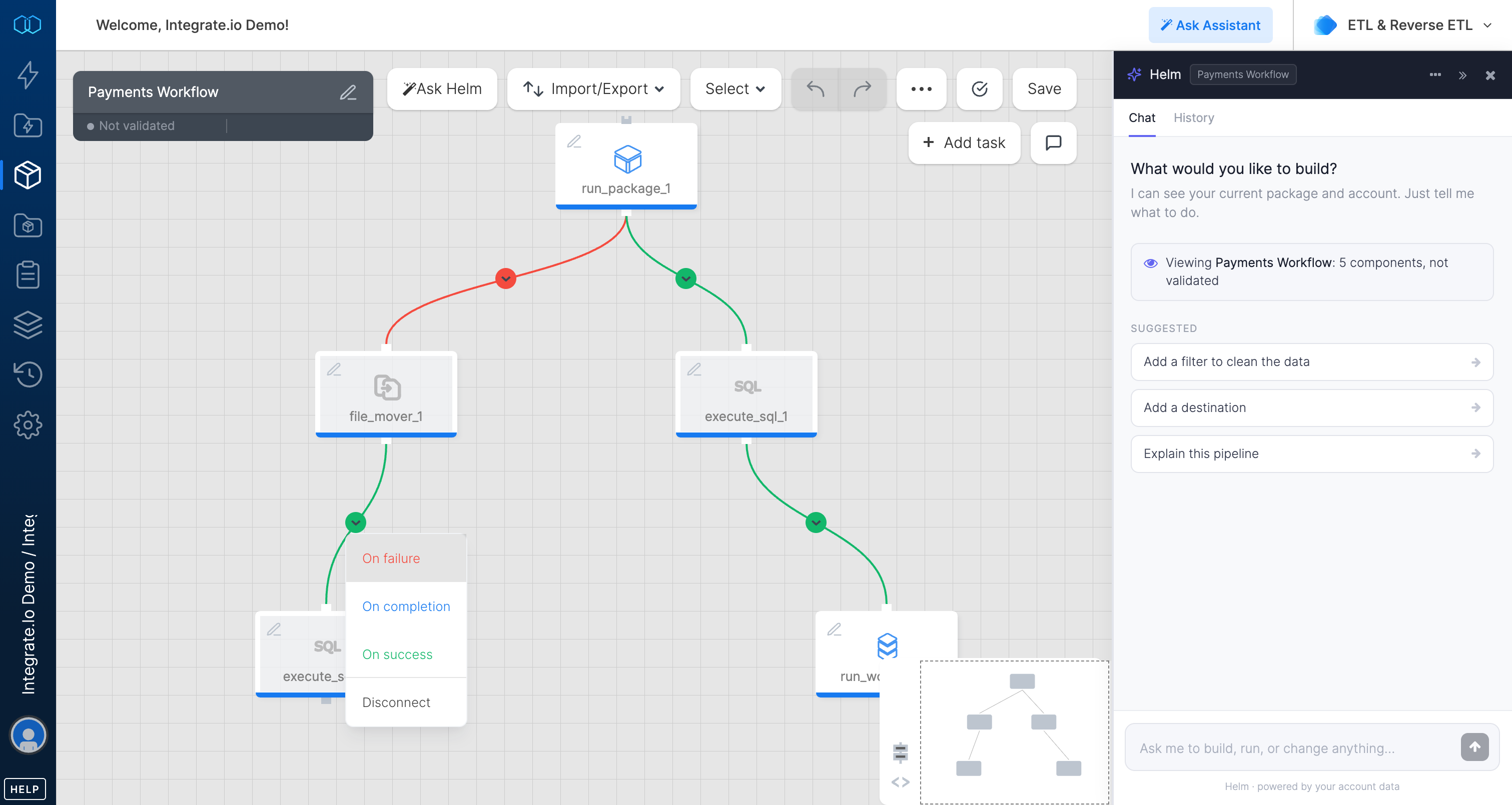 Integrate.io package designer showing a Payments Workflow with Helm open and suggested next steps