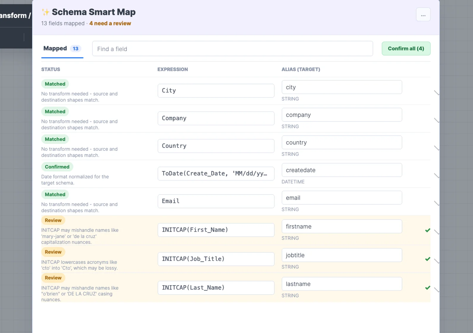 Integrate.io Smart Mapped schema showing mapped, review, and unmapped client fields for a contacts schema
