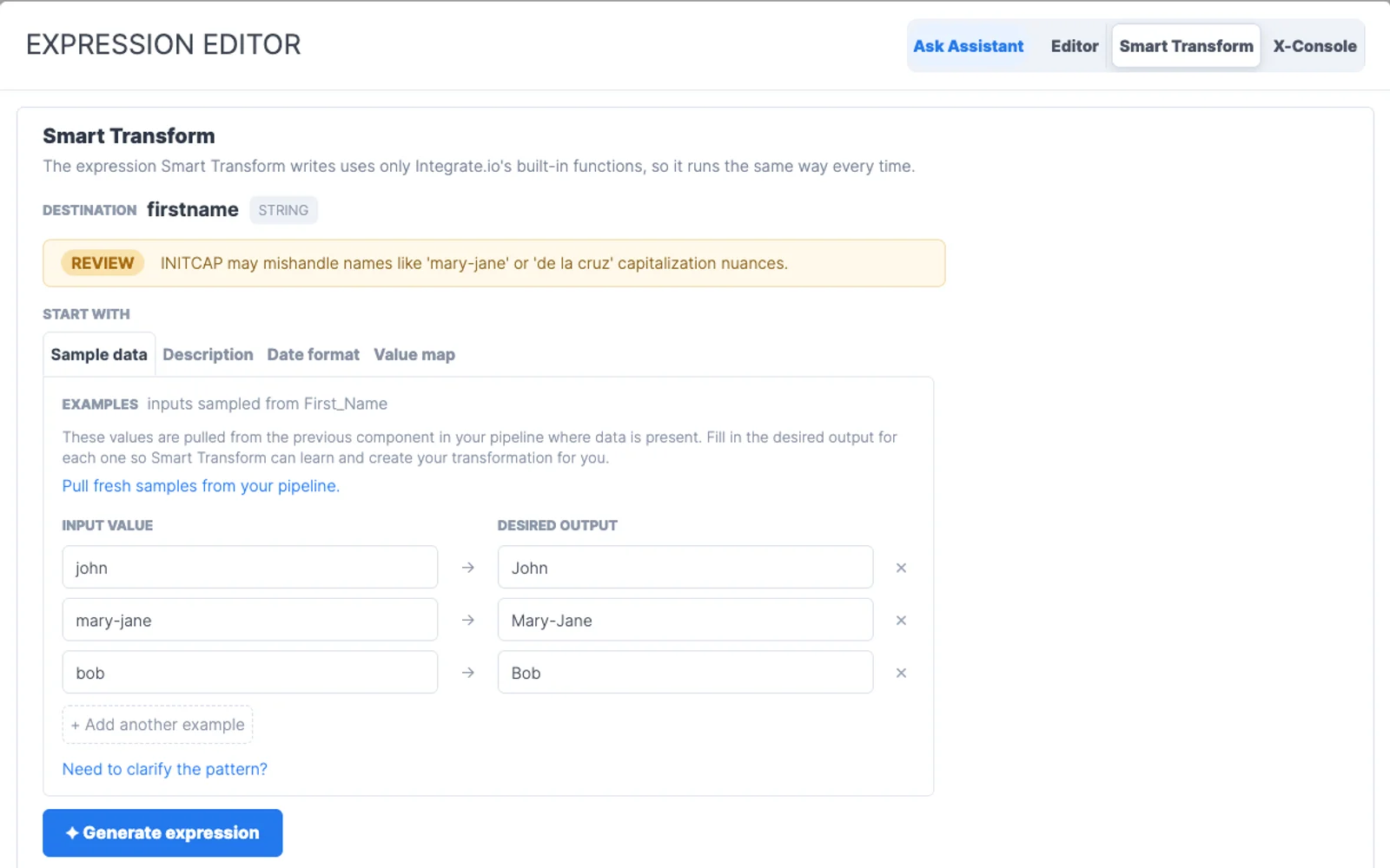 Integrate.io Smart Transform expression editor for generating a transformation from sample data