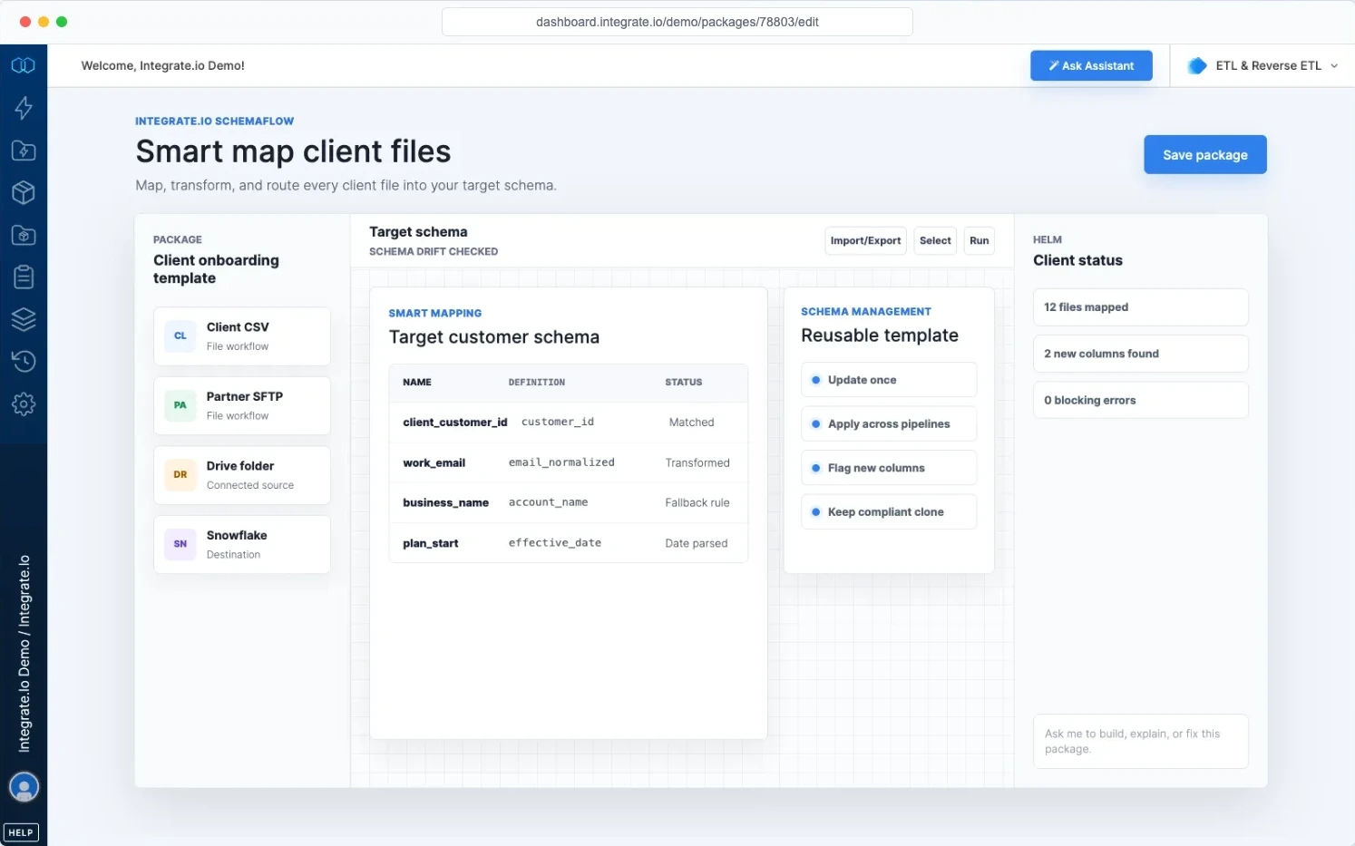Integrate.io client onboarding template mapping client CSV and SFTP files into a target customer schema in Snowflake