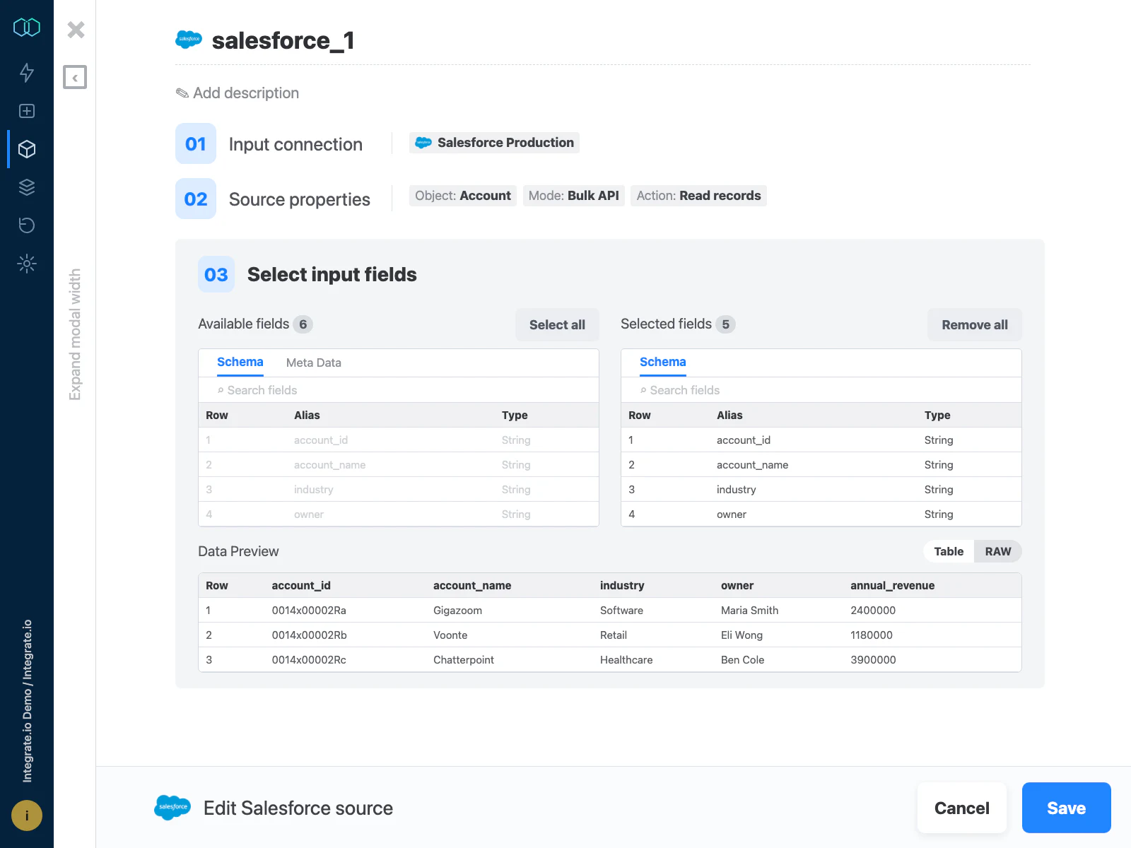 Integrate.io Salesforce source editor showing selected input fields and sample account data