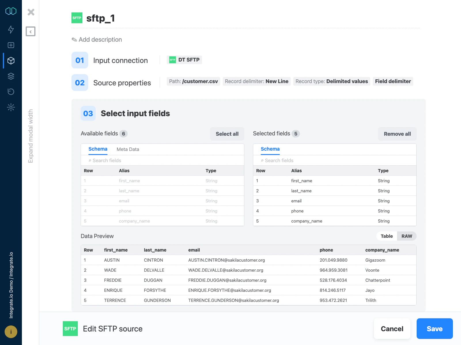 Integrate.io SFTP source editor showing selected input fields and sample customer data