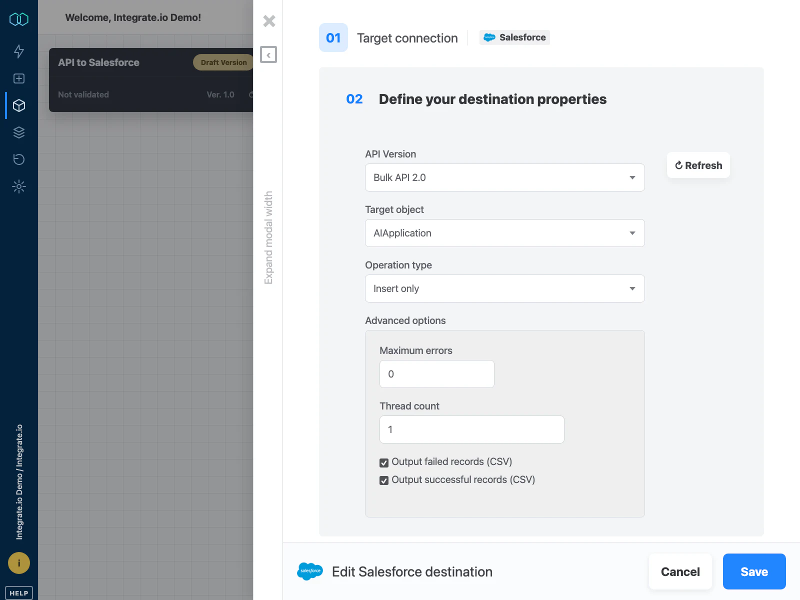 Integrate.io Salesforce destination editor showing Bulk API, target object, and output record settings