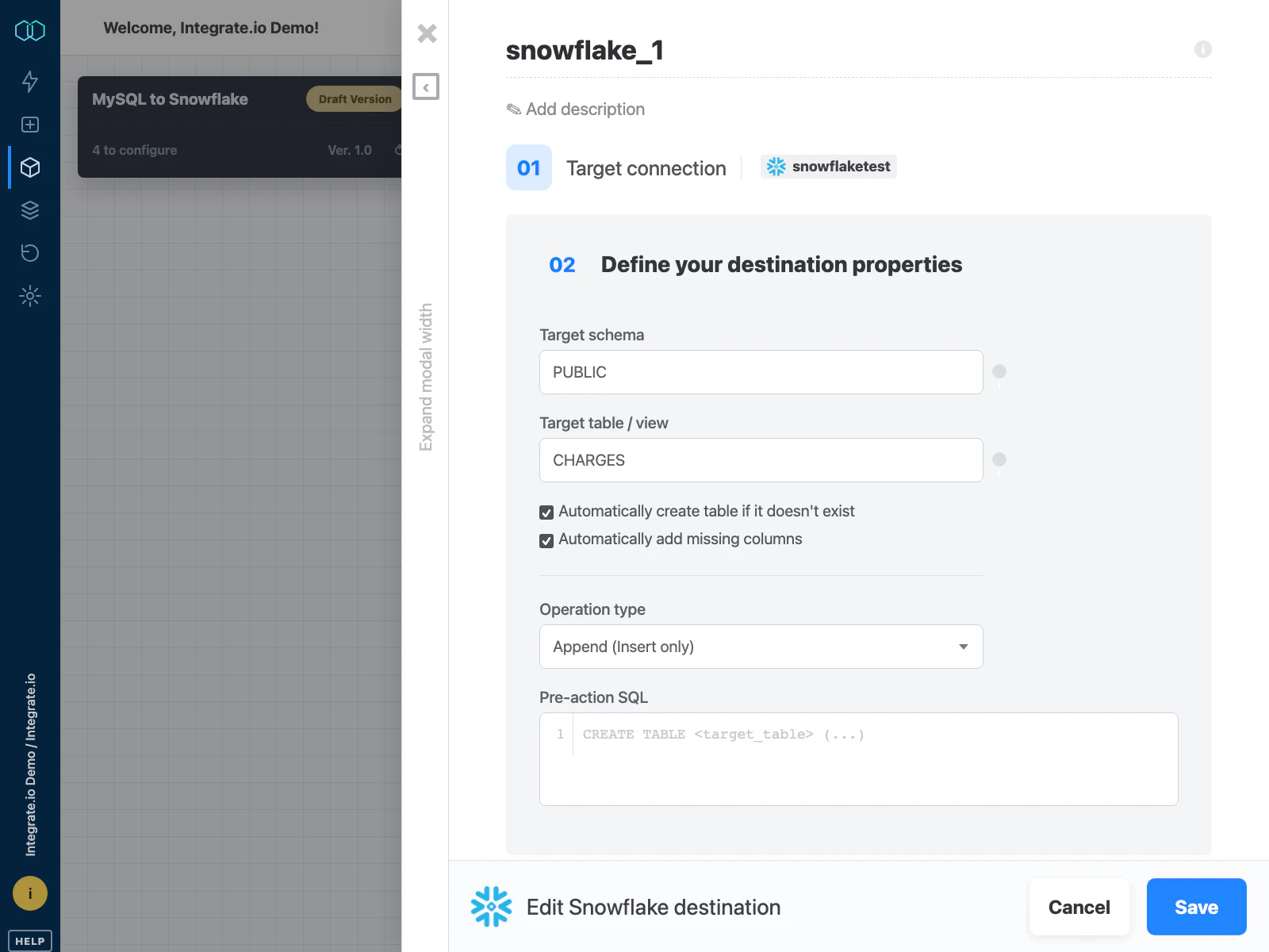 Integrate.io Snowflake destination editor showing schema, table, load operation, and pre-action SQL settings