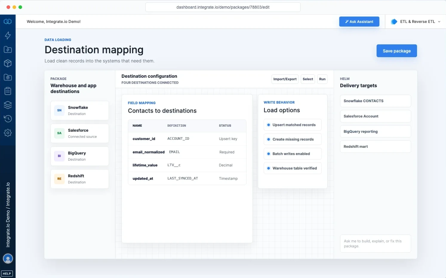 Integrate.io package designer showing data delivered to Snowflake, Salesforce, and BigQuery destinations