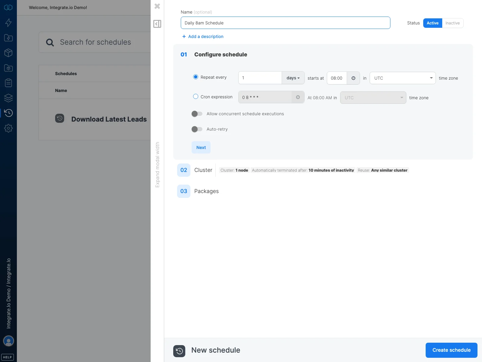 Integrate.io schedule editor showing a daily run with UTC timezone, cluster settings, and package steps