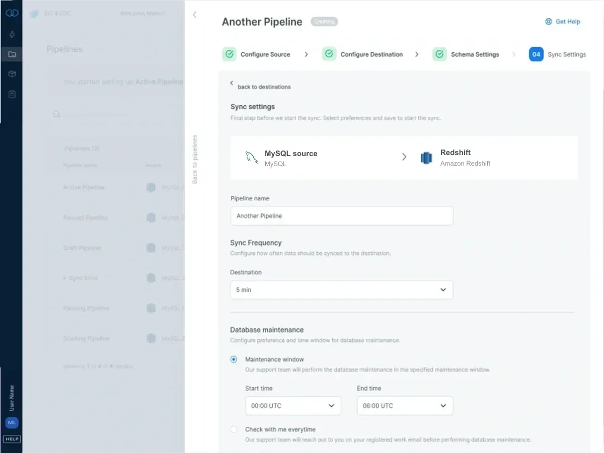 Integrate.io replication sync settings screen with source, destination, sync frequency, and maintenance window controls