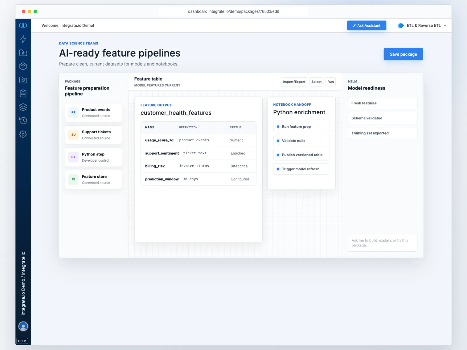 Integrate.io package designer preparing AI-ready feature pipelines