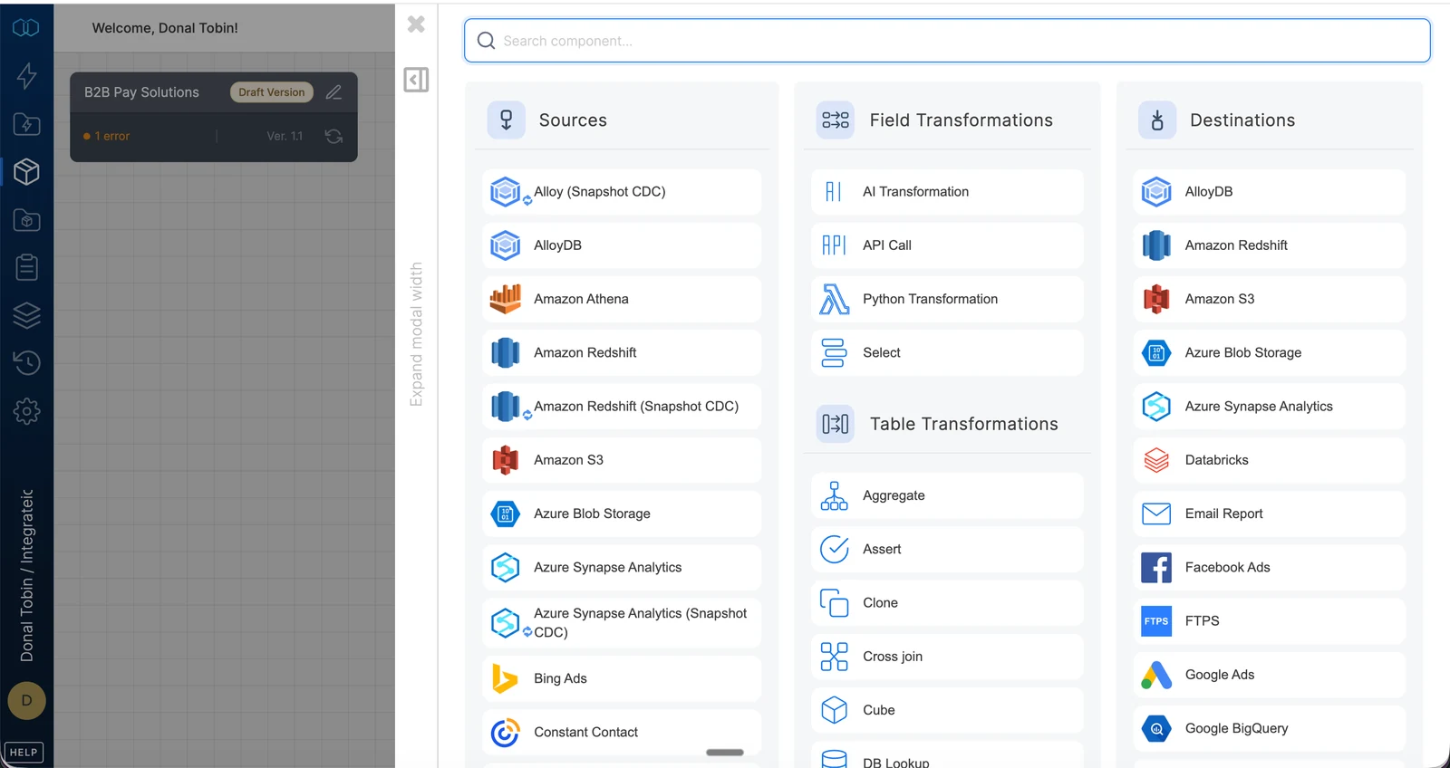 Integrate.io package editor showing sources, field transformations, table transformations, and destinations