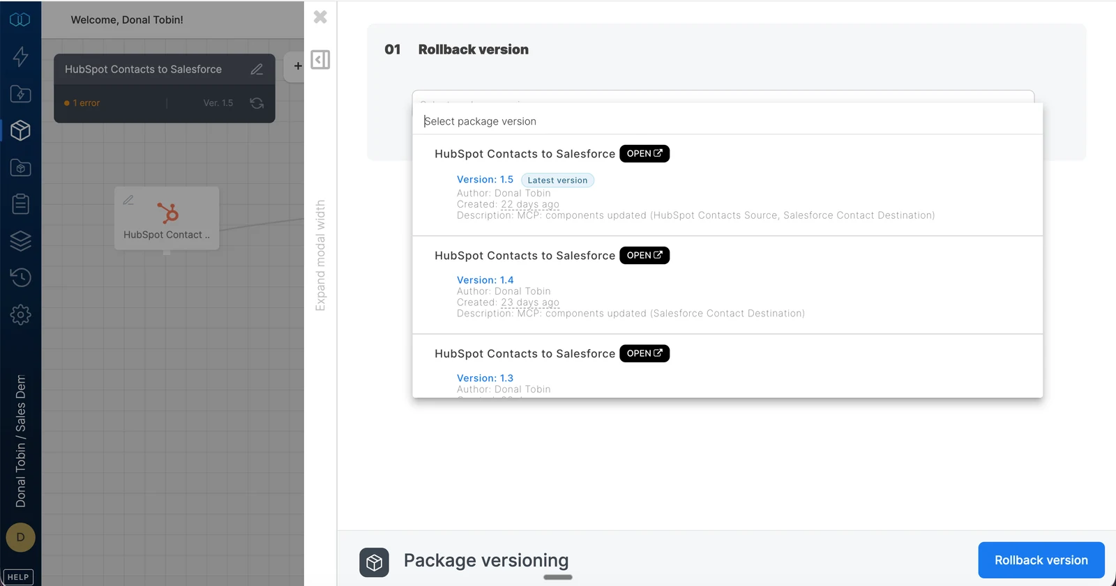 Integrate.io package versioning screen showing rollback options for a pipeline