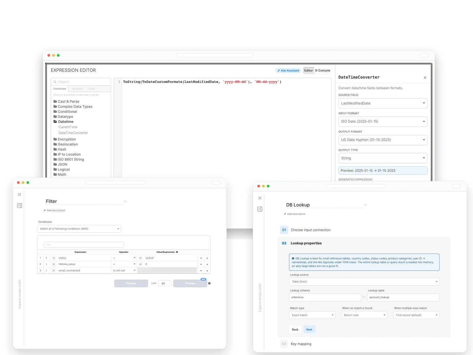 Integrate.io expression editor with Filter and DB Lookup transformation settings