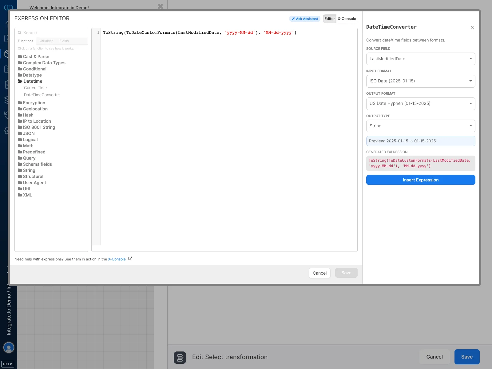 Integrate.io package designer showing joins, expression editing, aggregation, and BigQuery loading