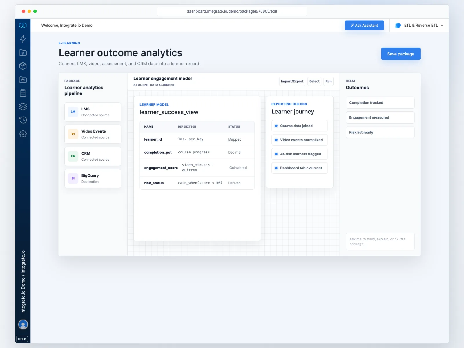 Integrate.io package designer preparing learner engagement and outcome data for analytics