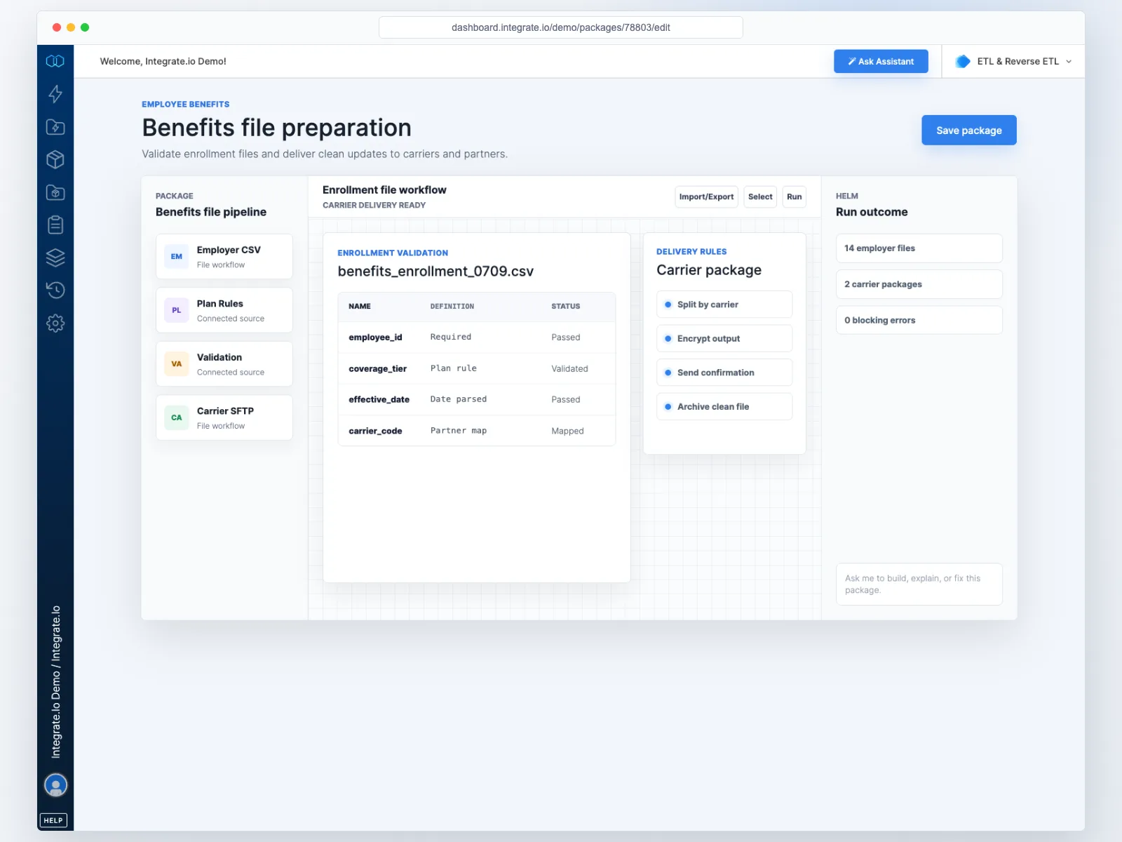 Integrate.io package designer validating benefits enrollment files and delivering carrier updates