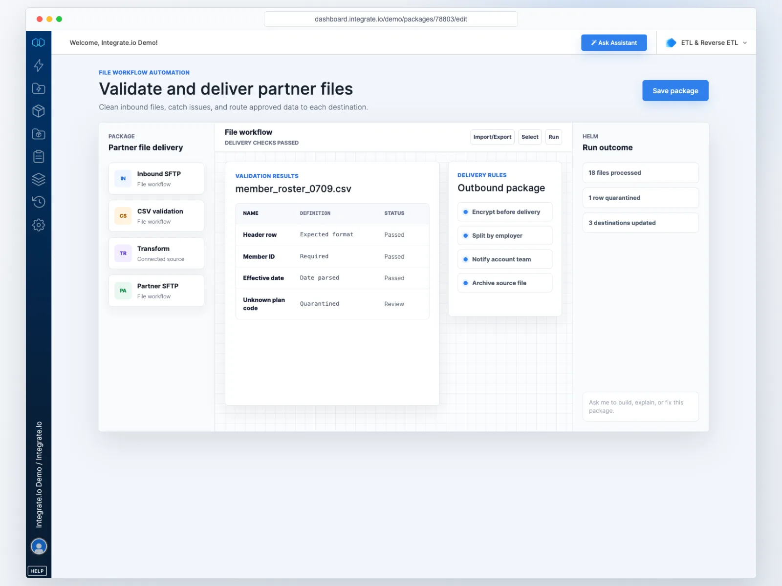 Integrate.io package designer automating inbound file validation, cleanup, and SFTP delivery