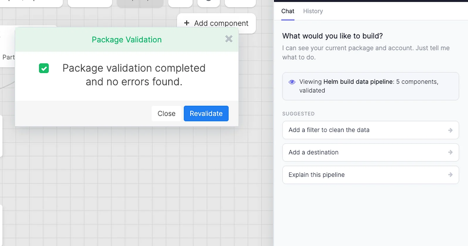 Integrate.io Package Designer showing Helm open with a completed validation review