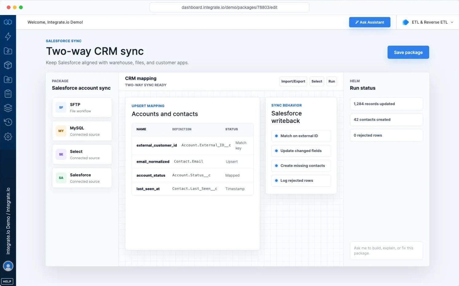Integrate.io pipeline canvas showing a complete data pipeline from source to destination