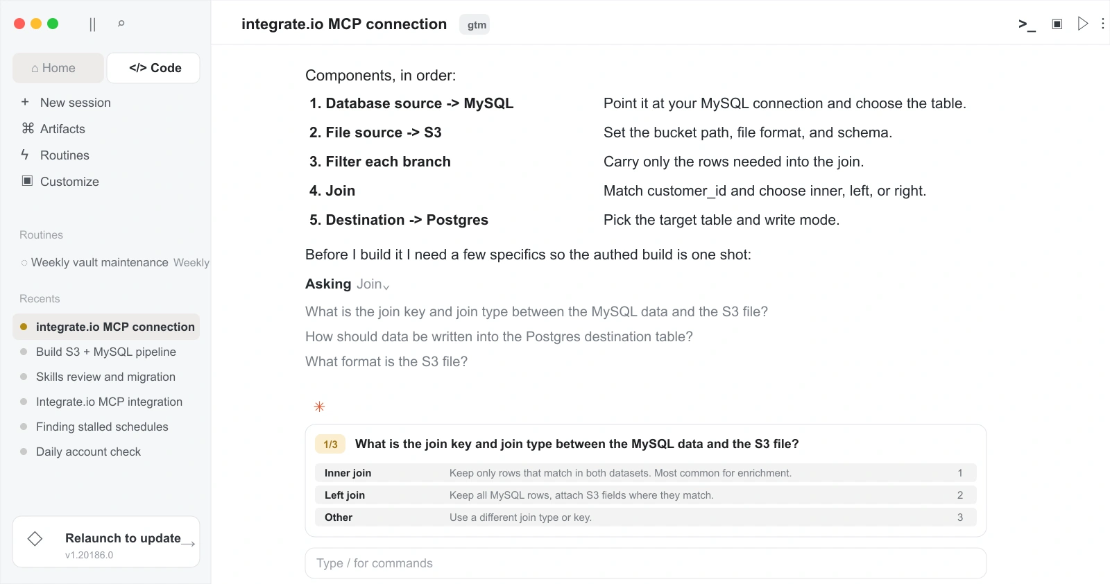 Claude Code building an Integrate.io pipeline through MCP
