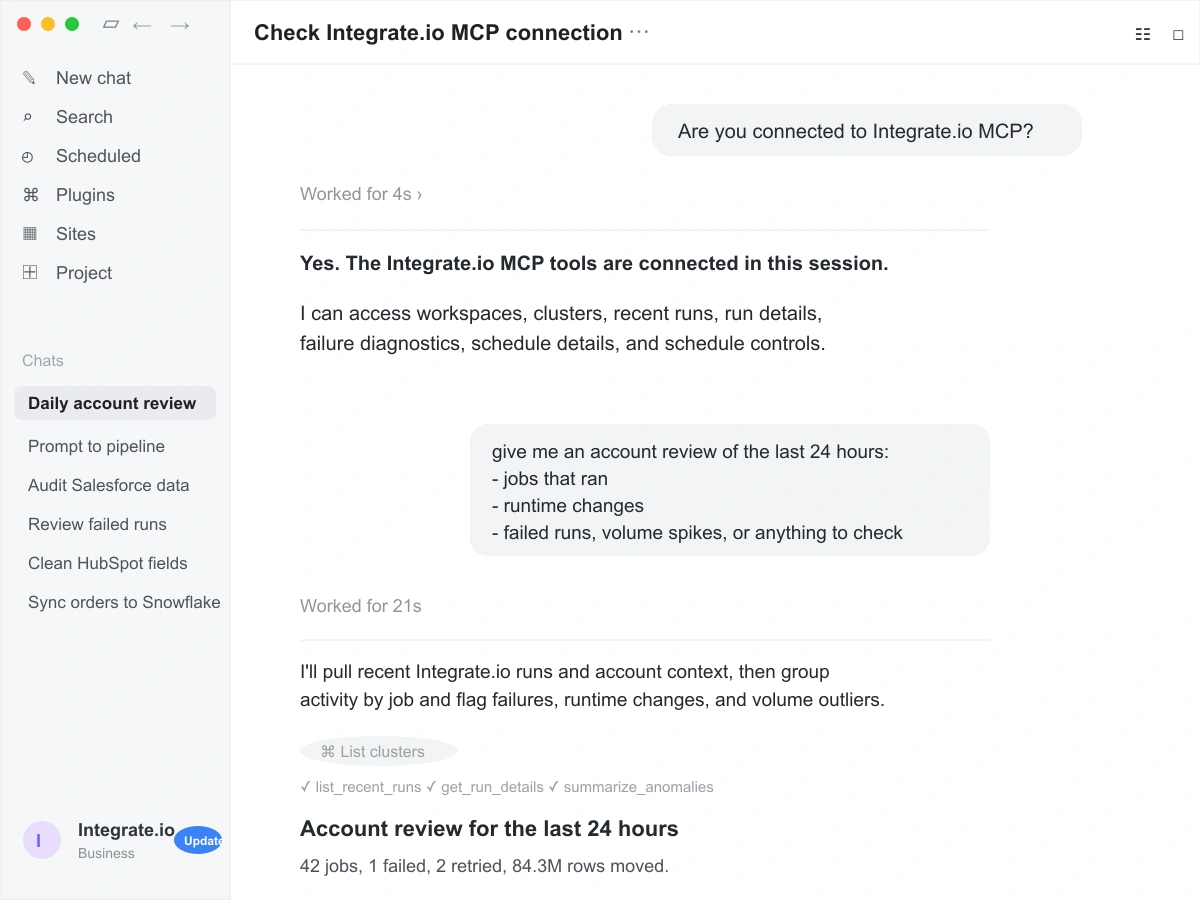 Codex reviewing Integrate.io account activity through MCP