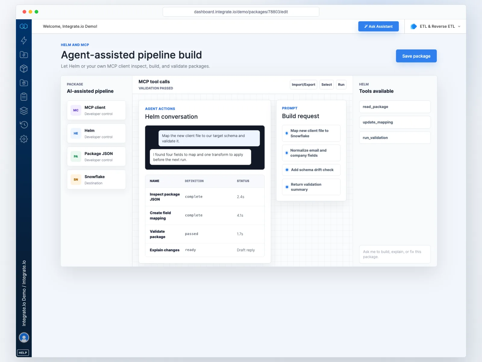 Integrate.io package designer showing AI-assisted pipeline building with Helm